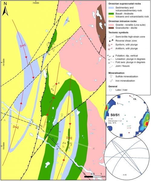 Structural map of the Painirova-area in the easternmost part of the Kiruna mining district. The map highlights the crustal architecture and structural controls on iron deposits and overprinting copper-gold deposits. The structures are deforming and re-mobilizing the massive magnetite iron deposits and provide fluid conduits for the later copper-gold-bearing hydrothermal fluids